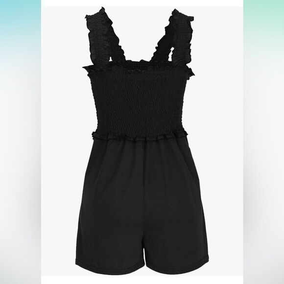 Black Romper Women Sleeveless Short Ruffle Square Neck Smocked Pockets Size M - Picture 1 of 11